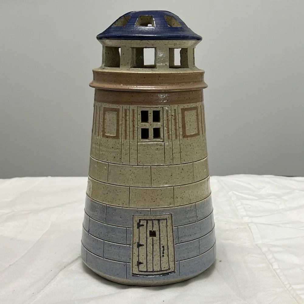 Vtg Gills Rock Stoneware Handcrafted Lighthouse Oil Lamp Candle Holder Coastal